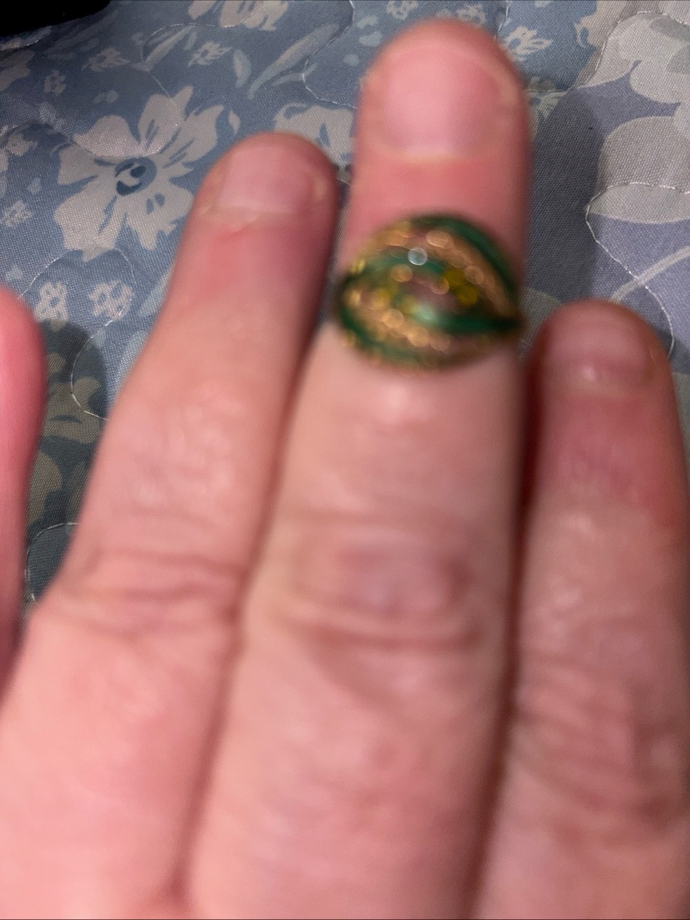 Green Enamel Swirl and 10kt Gold Ring - inside band shows stamping hallmark
